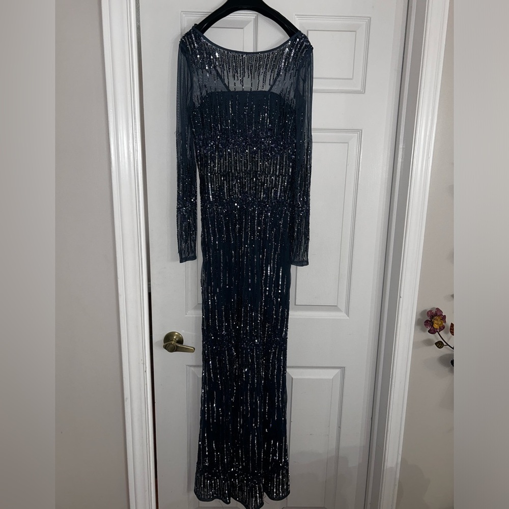 Navy Blue and Silver Sequin Long Sleeve gown Dress (New with tags)